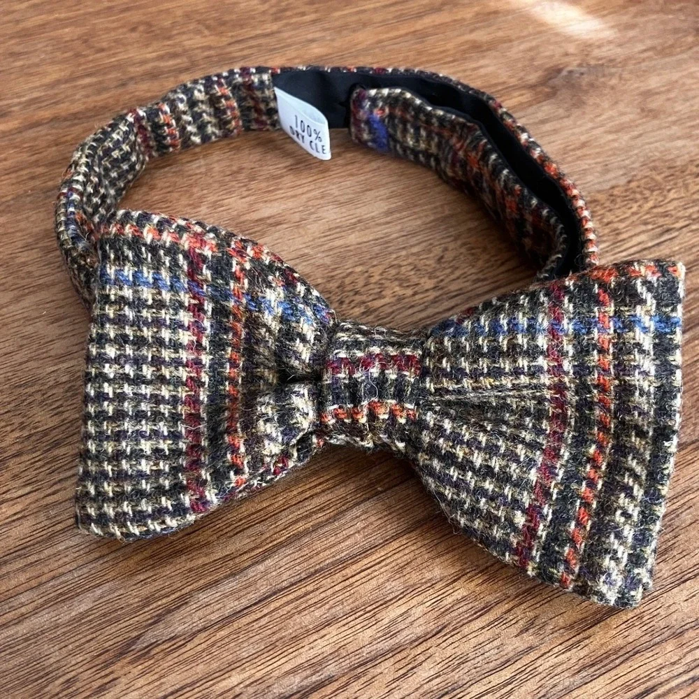 Mens Wool Tweed Bow Tie Multi Color Houndstooth Adjustable Pre-Tied Brown Blue